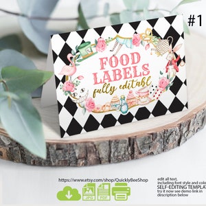 May include: A printable food label template featuring a whimsical Alice in Wonderland theme. The design includes a black and white chequered background, a pink flamingo, a white rabbit, a Cheshire cat, and a teacup. The text reads "FOOD LABELS fully editable".