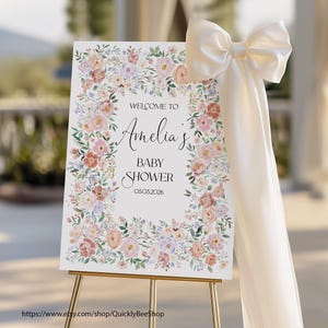 Placa de boas-vindas com flores em tons pastel, decorações para chá de bebê, placa de boas-vindas para chá de bebê, pôster de boas-vindas, IMPRESSO e ENVIADO