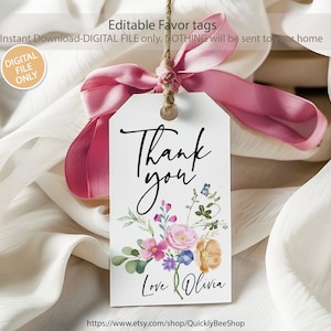 Vintage Floral Thank You Tag, Wildflower Favor Tag Template, Wedding Favor Tag, Bridal Shower Floral Tag, Birthday Tag, Instant download