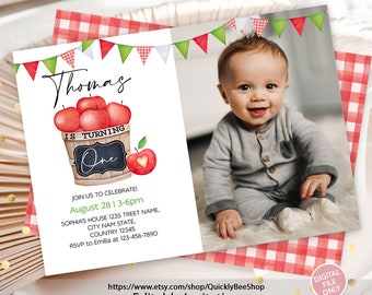 Editable Apple Birthday Invitations, Apple of Our Eye, 1st Birthday Invitations Apple, One Year Girl Invitations, Apple Theme First Birthday