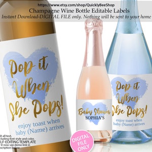 Wijn- en champagnelabels hart babyshower, blauwe lieverd jongen babyshower mini champagnelabels, bewerkbare instant downloadsjabloon digitaal