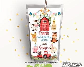 May include: A printable juice box favour tag with a red barn, farm animals, and the text "THANK FOR CELEBRATING WITH ME! Love, Sophia".