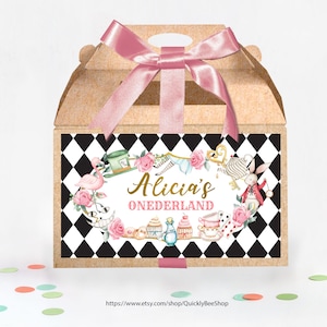 Gable Box Alice Onederland, Editable Gift Box, Onederland Gable, Favor Bag, Girl 1st Birthday, Mad Tea Party Decor, DIGITAL PRINTABLE