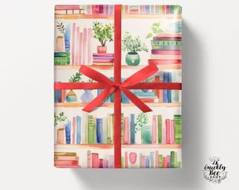 Vintage Books Wrapping Paper Roll, Bookshelf Wrapping Paper Books With Flowers, Girly Books Gift Wrapping, Pastel Bookshelf Gift Wrap |AVA