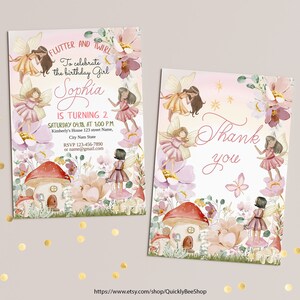 May include: Two printable cards with a fairy theme. The first card is an invitation to a birthday party for a girl named Sophia who is turning two. The second card is a thank you card with a similar fairy theme. Both cards feature a whimsical fairy garden with flowers, mushrooms, and fairies.