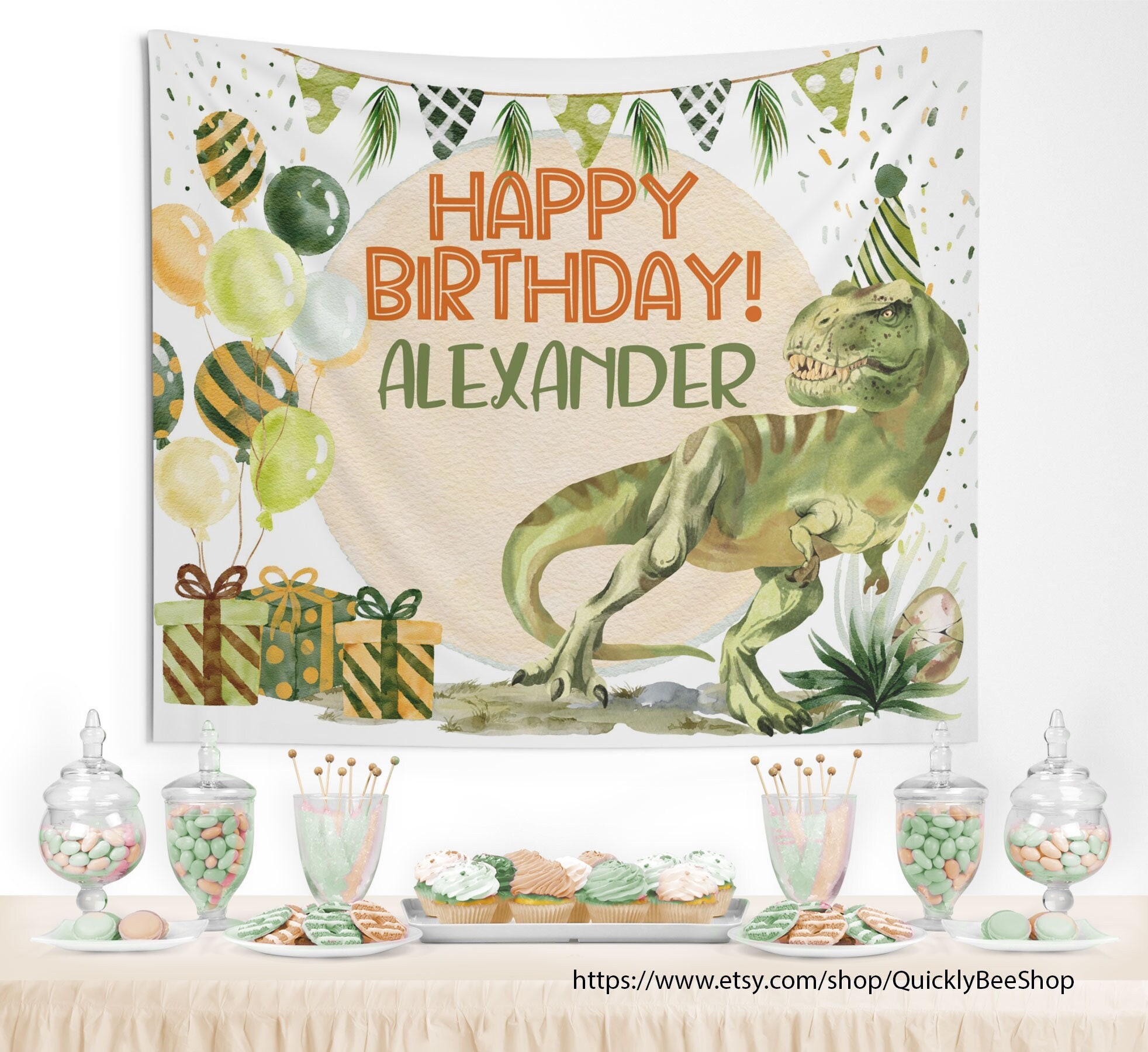 Dinosaur Party Backdrop Buffet Table Backdrop Dinosaur Three Rex Birthday Decor Photo Zone Printable Backdrop printed on