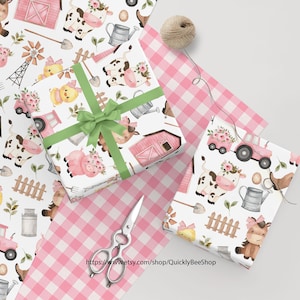 Papier cadeau de ferme, ferme rose, emballage cadeau avec des animaux amusants pour garçons, filles, enfants, enfants, anniversaire, baby shower, tracteur, vache, cochon, mouton