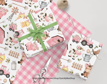 Papel de embrulho rosa com animais de fazenda, ideal para aniversários infantis e chás de bebê.
