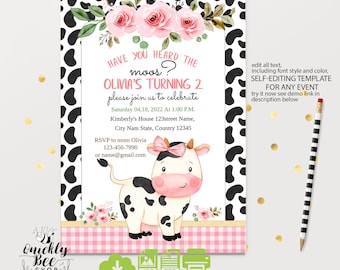Pink Floral Cow Birthday Invitation, Girls Invite (Digital Download)