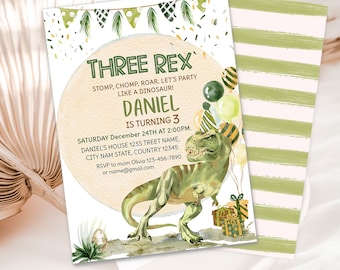 Bearbeitbare Drei Rex Einladung Junge, Dinosaurier Geburtstagseinladung, Drei Rex Geburtstag, Dino Einladung Druckvorlage Sofortiger Download