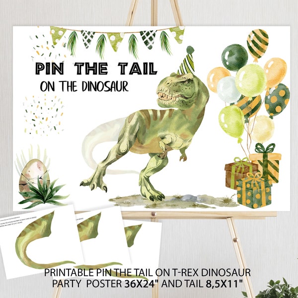 Pin The Tail on the Dinosaur T-Rex, Dino Birthday Party, Dinosaur Birthday Games, Dinosaur Decorations T-rex Party, Digital File for Print