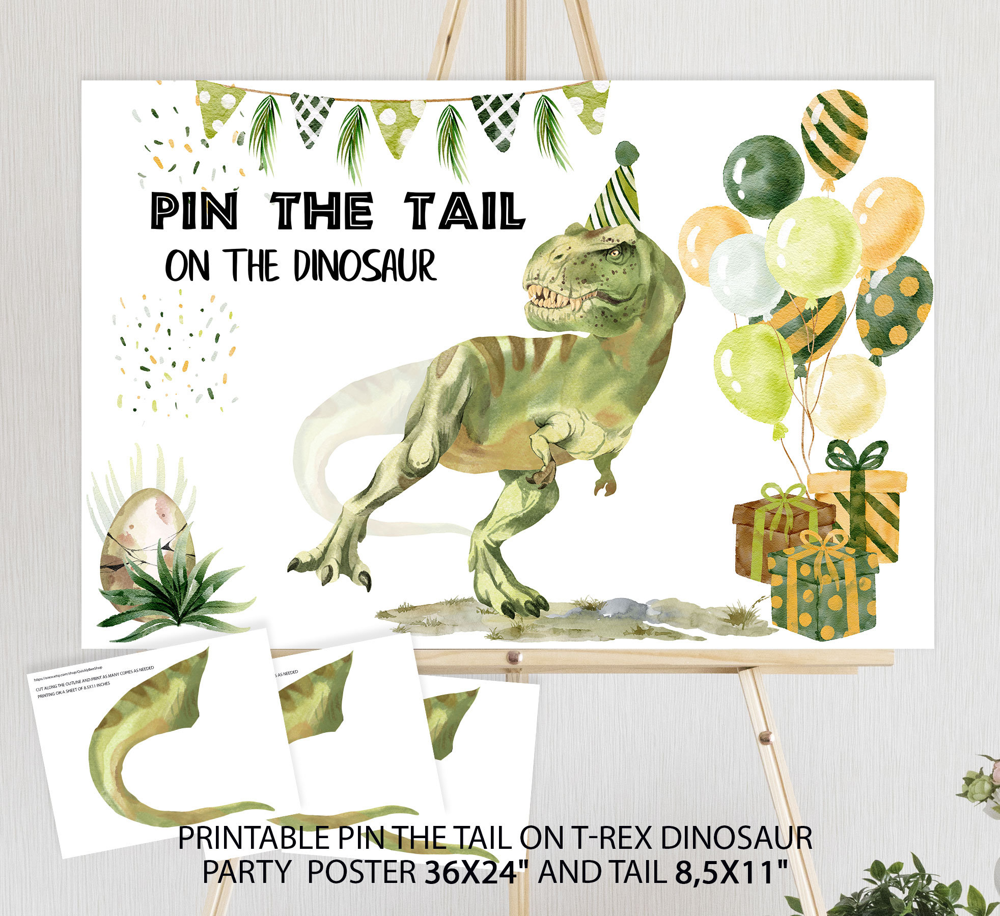 INSTANT DOWNLOAD Printable Pin the Tail on the Dinosaur 8x10 or 16x20 Game  / Birthday Party / Dino Collection / Item #4203