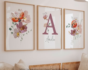 Marienkäfer Blumen Aquarell Drucke, Marienkäfer Blumen Wandkunst, Blumen Marienkäfer Kinderzimmer Wandkunst, Mädchenzimmer Dekor3