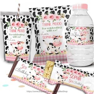 Set Cow chips bag, juice bags, Cow water bottle labels, Candy Bar Wrappers, snacks treat chips pouch first birthday. Editable template