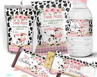 Set Cow chips bag, juice bags, Cow water bottle labels, Candy Bar Wrappers, snacks treat chips pouch first birthday. Editable template