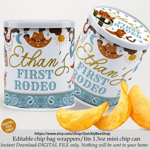 May include: Editable chip bag wrappers for a first rodeo party. The wrappers feature a blue and white bandana pattern with a cowboy hat, stars, and the text "Ethan's First Rodeo".