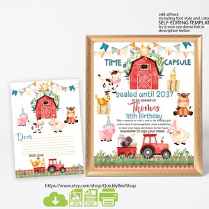 Cápsula de tempo de fazenda editável, cartão de nota, cápsula de tempo de fazenda, lembrança, primeiro aniversário, porco, celeiro, vaca, ovelha, pato, imprimível