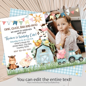 Farm Birthday Photo Invitation, Boy Barn Party, Digital Invite, Farm Animals Barnyard Invitations INSTANT DOWNLOAD EDITABLE template