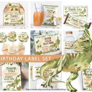May include: A set of printable dinosaur birthday party labels featuring a green and brown watercolor dinosaur with a party hat. The labels include text such as "Happy Birthday Daniel", "Three Rex", "Daniel's 3rd Birthday", "Thank You for Stomping by I Hope You Had a Roaring Good Time! Love, Daniel", "Enter Your Text Here", and "Coming to Daniel's 3rd Birthday".