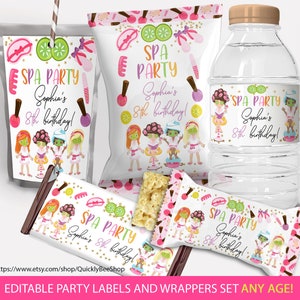 Spa Birthday Party Decor, Chip Bag Wrapper, Treat Wrapper, Capri Sun Labels, Water Bottle Label, Girl Makeup Party, EDITABLE TEMPLATE
