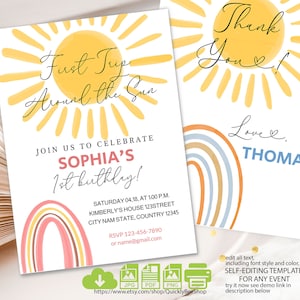 First Trip Around the Sun Birthday Invitation Editable, Boho invite, Sunshine 1st Birthday Invite, Rainbow Sun Birthday, Printable Template