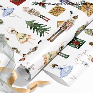 May include: A white background with a repeating pattern of watercolor illustrations of a nutcracker, a Christmas tree, a ballerina, and a gift box. The illustrations are in shades of red, green, blue, gold, and brown.