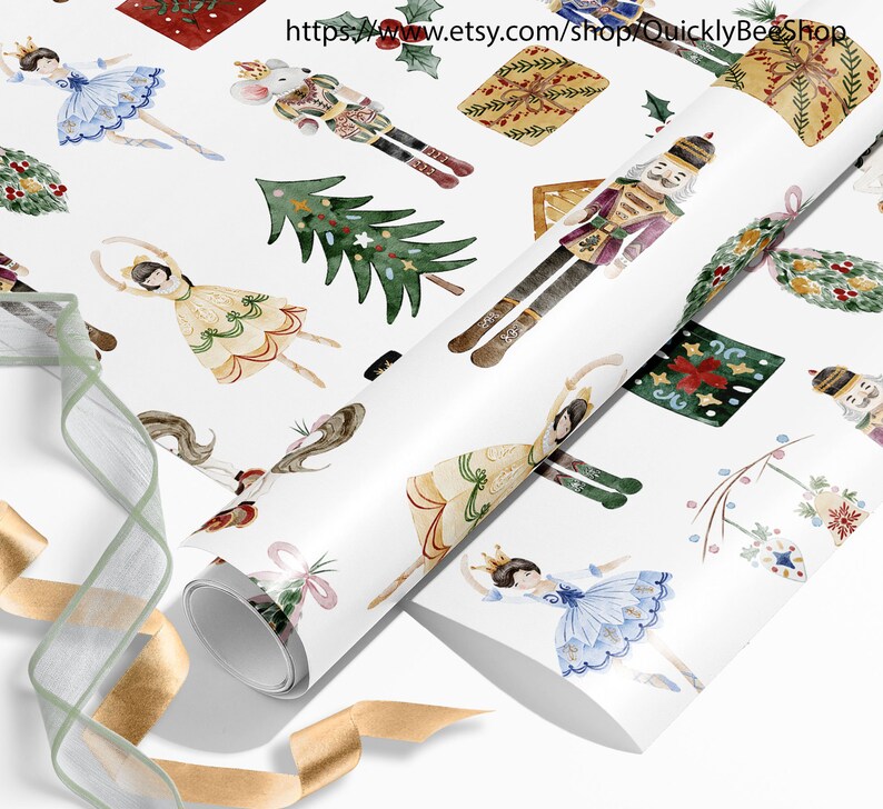 May include: A white background with a repeating pattern of watercolor illustrations of a nutcracker, a Christmas tree, a ballerina, and a gift box. The illustrations are in shades of red, green, blue, gold, and brown.