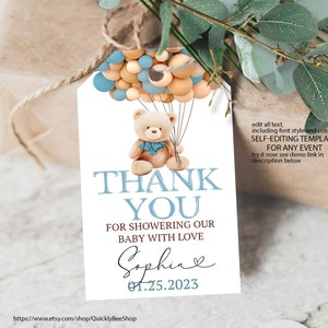 Editable Teddy Bear Baby Shower Favors Tag, Bear Thank you tags, Printable Bear Balloons Gift tags Favor tag template digital download