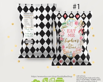 Editable Alice In Onederland Chip Bag, Alice in Onederland Birthday Favors, Mad Tea Party Printable INSTANT DOWNLOAD