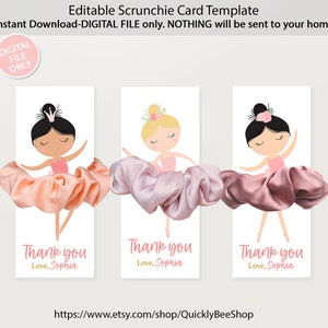 Ballerina Scrunchie Kartenvorlage, Balletttänzerin Party Favor Cards, bearbeitbarer digitaler Download, druckbare Vorlage, SOFORTIGER DOWNLOAD