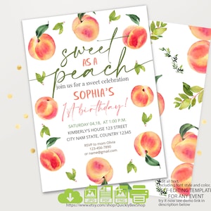 Bearbeitbare Pfirsich Geburtstagseinladung, süß wie ein Pfirsich erster Geburtstag einladen, Vorlage Digital Instant Download # 2