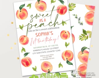 Editable Peach Birthday Invitation, Sweet As A Peach First Birthday Invite, Template Digital Instant Download #2