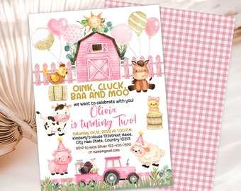Pink Farm Birthday Invitation, Girl Barn Party, Farm Animals Barnyard Invitations EDITABLE template