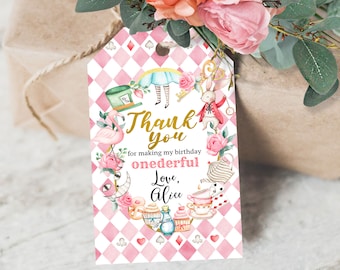 Favor Tags Alice in Onederland, Alice in Onederland Thank You Tags, Girl 1st Birthday, Tea Party Gift Tag Digital Template 3