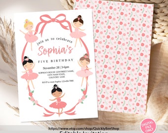 May include: Pink and white printable invitation with a pink ribbon and five ballerina illustrations. The invitation says "Join us to celebrate Sophia's Five Birthday" and includes the date, time, and address.  The text "Editable Invitation" and "Instant Download-DIGITAL FILE only. NOTHING will be sent to your home" is also included.