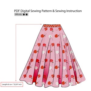 May include: A pink skirt with a cherry print and a red waistband. The skirt is 65 cm / 25.59 inches long.