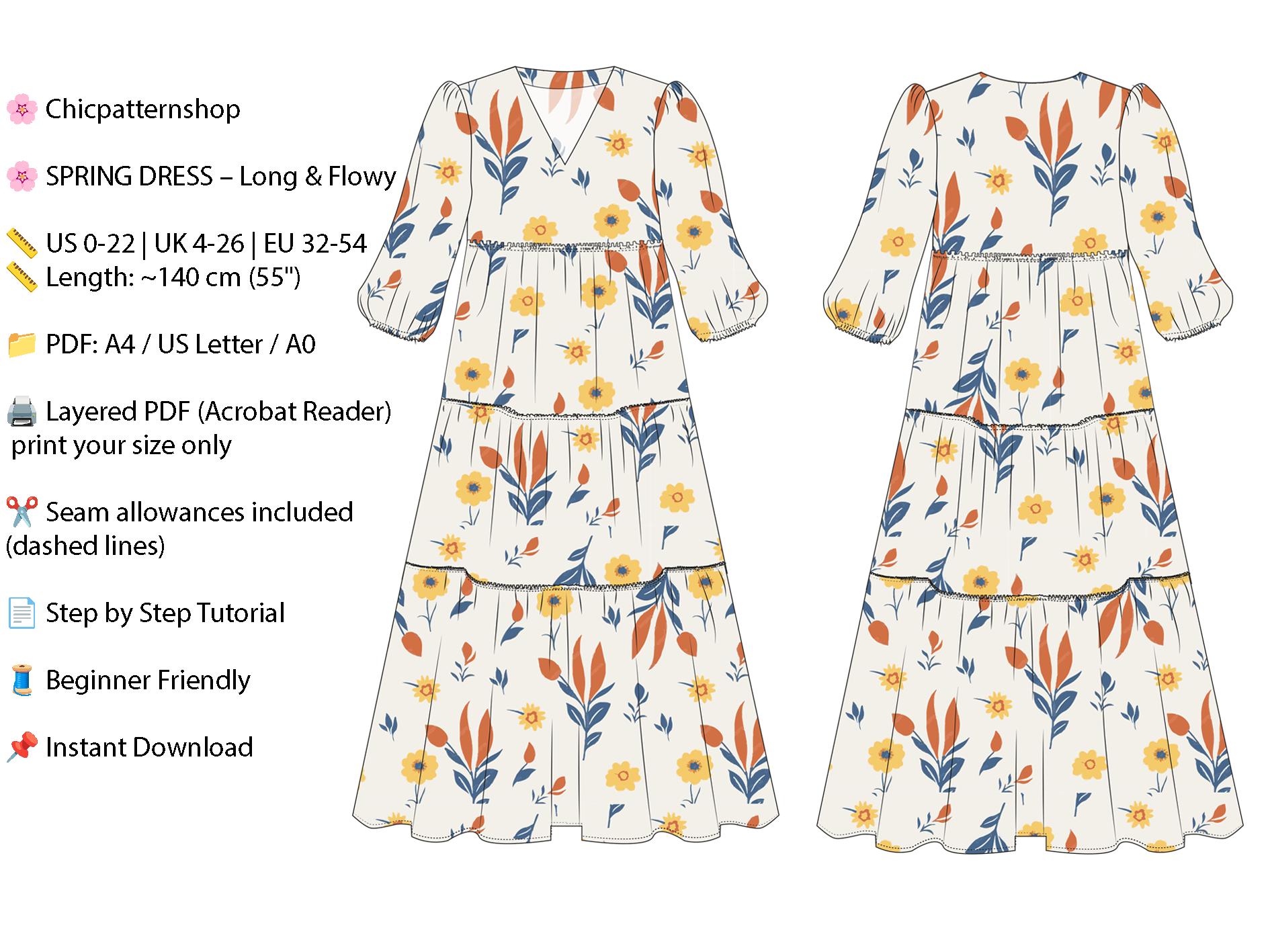 Maxi Dress Sewing Pattern PDF | Long Sleeve | Sizes 0-22 | Layered PDF ...