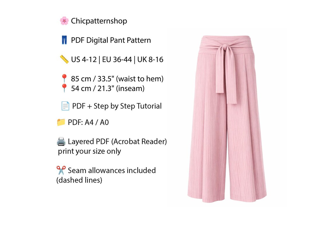 Pants Pattern PDF | High Waisted Wide Leg Trousers | US 4-12 | Beginner ...