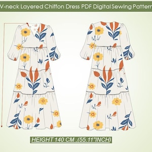 May include: A digital sewing pattern for a V-neck layered chiffon dress with a floral print. The dress is 55.11 inches tall.