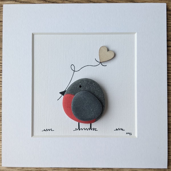 Mini Mounted Pebble Picture: Robin with Balloon