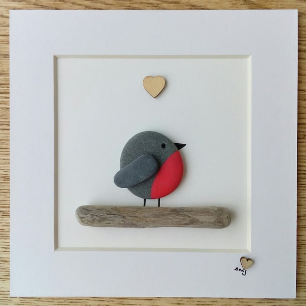 Mini Mounted Pebble Picture: Robin on Branch