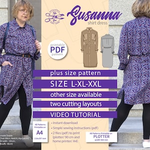 Shirt dress pattern PDF sewing pattern Plus size pattern L XL XXL Swing dress pattern Long sleeve dress Indie shirt dress pattern Susanna