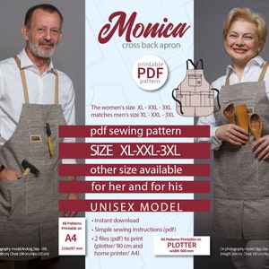 May include: A digital download pattern for a unisex cross back apron. The pattern is available in sizes XL, XXL, and 3XL. The pattern is printable on A4 paper or a plotter. The pattern includes simple sewing instructions.