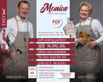 Cross back apron sewing pattern Vendor apron pattern Barista apron pattern Indie sewing pattern Monica Full Apron Pattern Size XL XXL 3XL