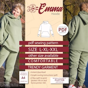 Hooded jacket Tracksuit sewing pattern Sweatshirt pattern PDF Basic hoodie pattern Indie basic tracksuit women pattern Emma Size L XL XXL