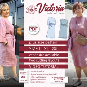 Linen dress pattern Kimono dress pattern Indie dress pattern Plus Size L XL 2XL Digital pattern PDF Dress sewing pattern Wide belt Victoria