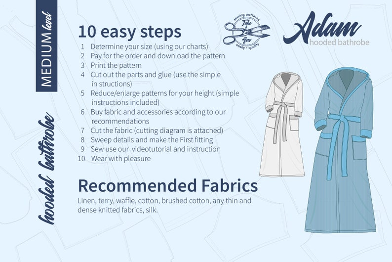 Indie Hooded Bathrobe Sewing Pattern. DIY Man Housecoat, Size S M L