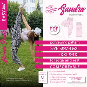 Può includere: Un cartamodello PDF stampabile per pantaloni harem nelle taglie S, M, L, XL, XXL e 3XL. Il cartamodello è per pantaloni comodi per yoga e relax. Il cartamodello è disponibile per il download immediato e include semplici istruzioni di cucito. Il cartamodello è stampabile su carta A4 o su un plotter fino a 90 cm di larghezza.