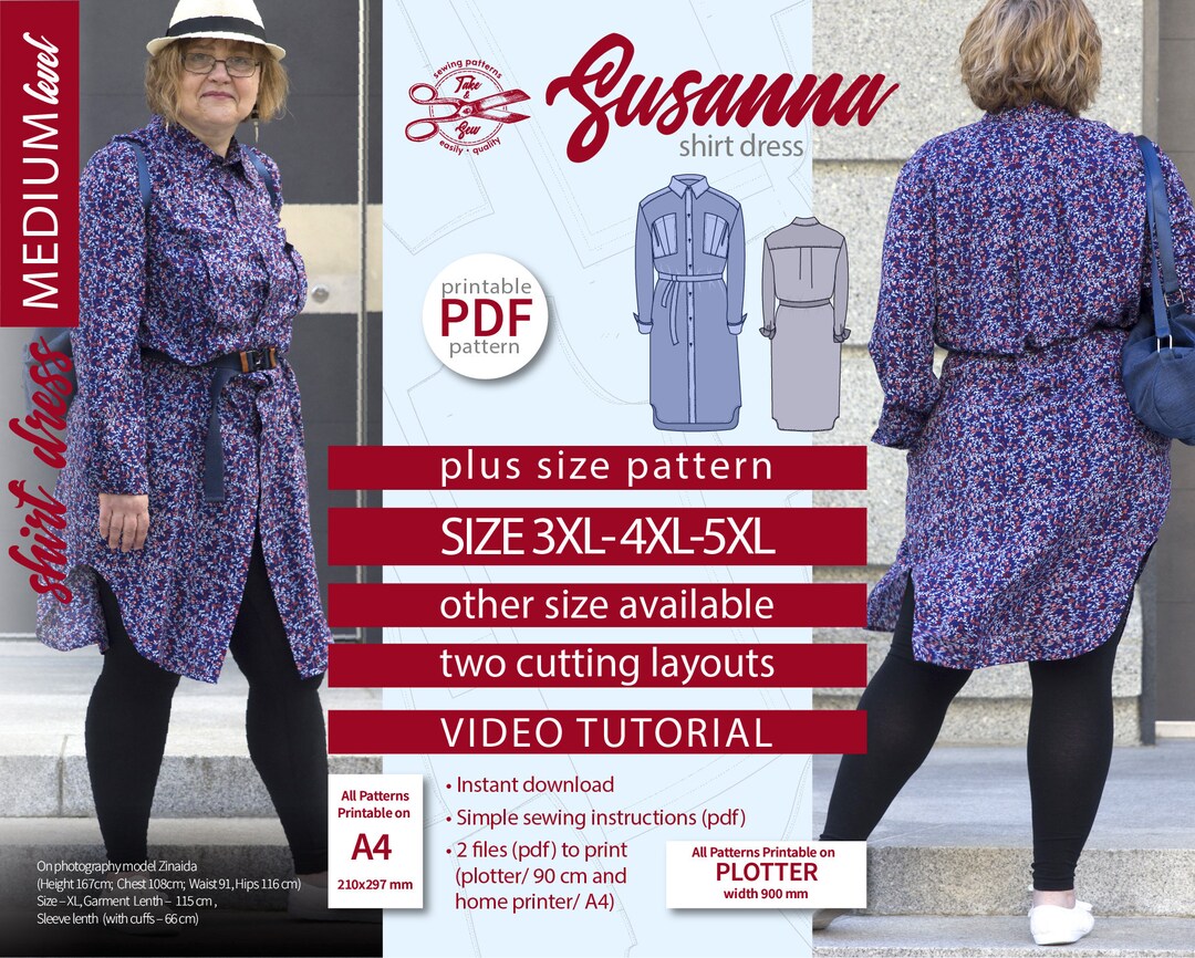 Shirt Dress Pattern PDF Sewing Pattern Plus Size Pattern 3XL 4XL 5XL ...