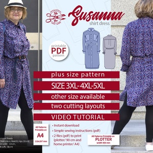 Shirt dress pattern PDF sewing pattern Plus size pattern 3XL 4XL 5XL Swing dress pattern Long sleeve dress Indie shirt dress pattern Susanna